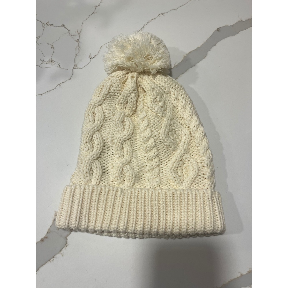 Patrick Francis Ireland Cream Cable Knit Pom Pom Beanie Hat Cotton Blend